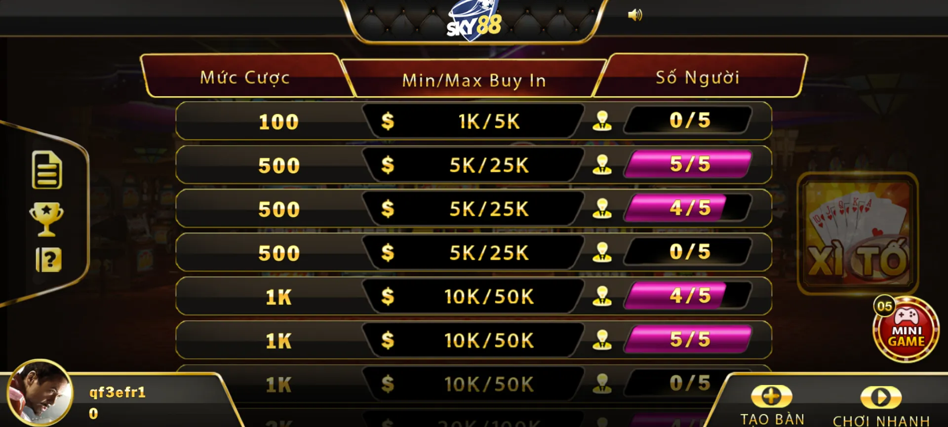 Tham gia chọn ván game theo mong muốn